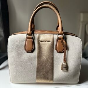Michael Kors Mercer Center Stipe Leather Bag in White w/ Gold Stripe